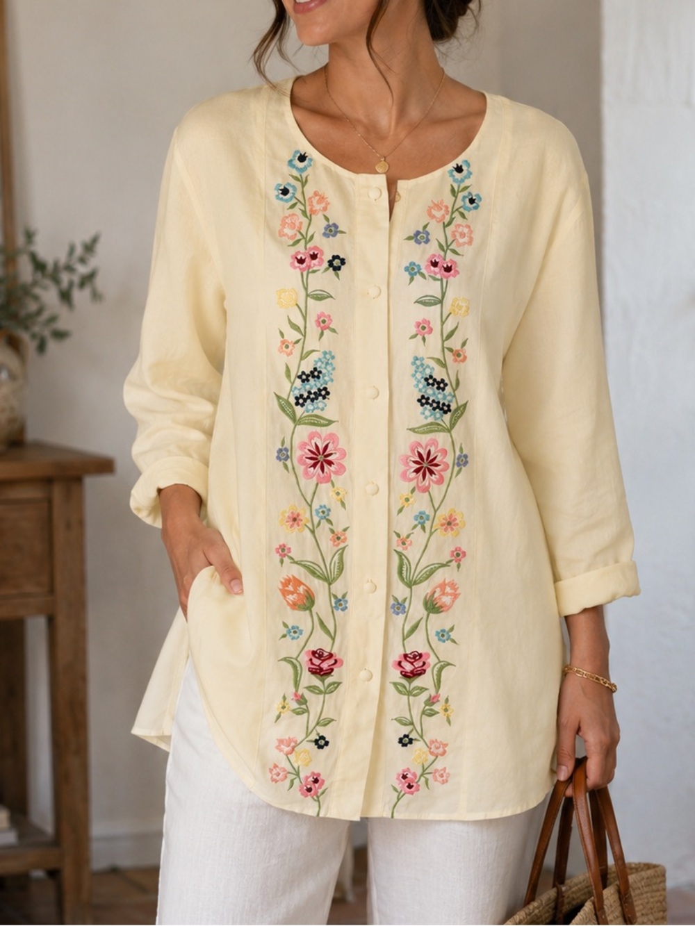 Vintage Silk Diane Von Furstenberg Cream Floral Embroidered Boho Indie Tunic